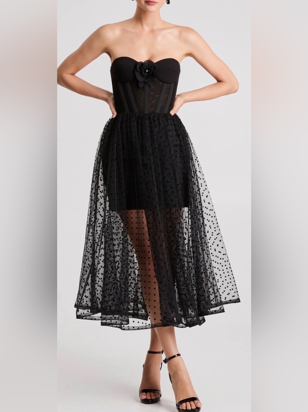 NEW Helsi Valen Strapless Polka Dot Black Midi Dress Sz M